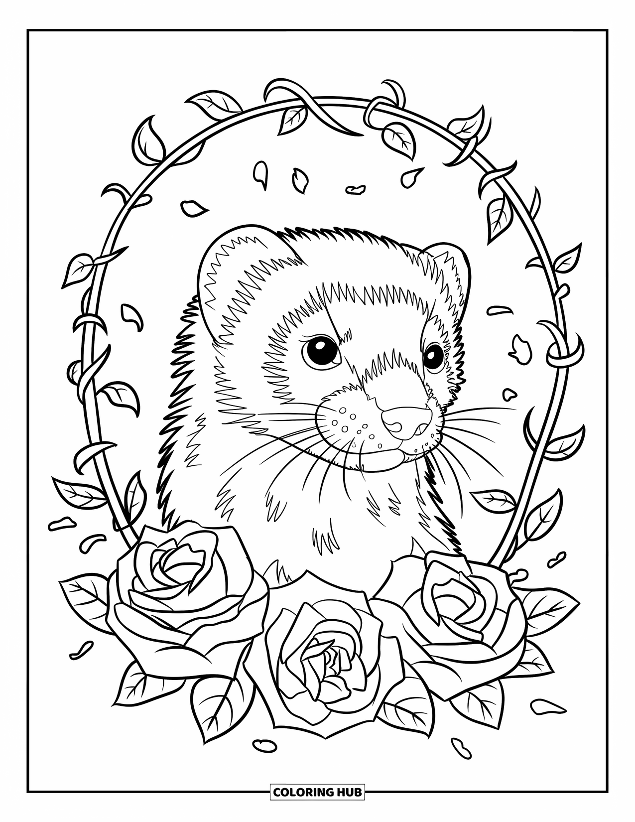 Ferret Coloring Page for Adults: Side-facing ferret face with thorns and full roses winding around its head