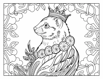 Desenho de furão para colorir para adultos: Furão de perfil com coroa rodeado de penas, flores e padrões de folhas
