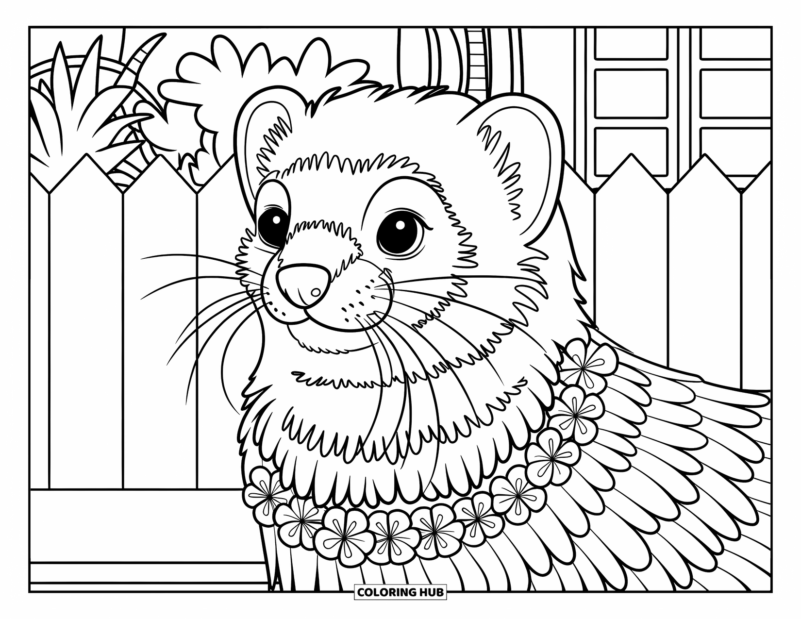 Ferret Coloring Page for Adults: Side-facing ferret with flowers and feathers in front of a fence and cozy house