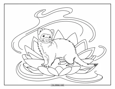 Desenho de furão para colorir para adultos: Furão em pé emoldurado por pétalas de lótus e linhas graciosas em espiral