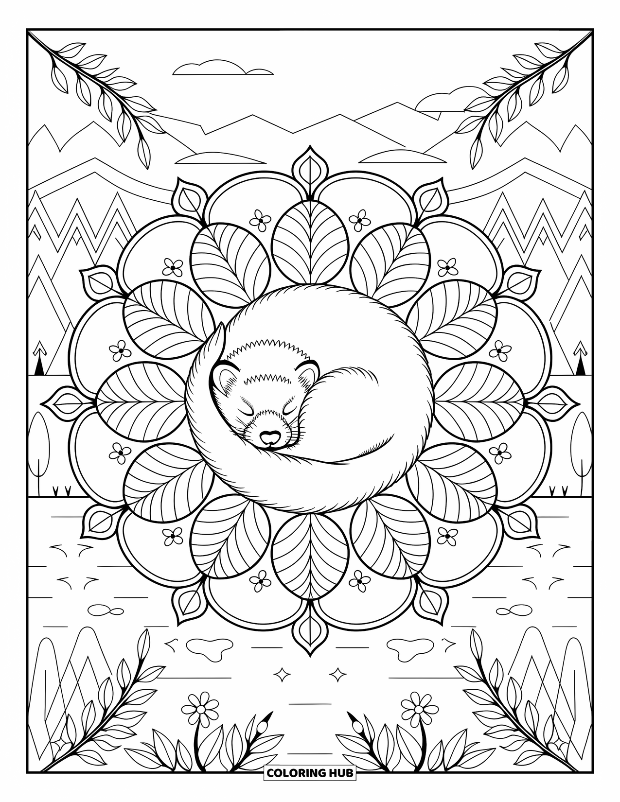 Ferret Coloring Page for Adults: Sleeping ferret surrounded by a leaf mandala with flowers and a peaceful landscape