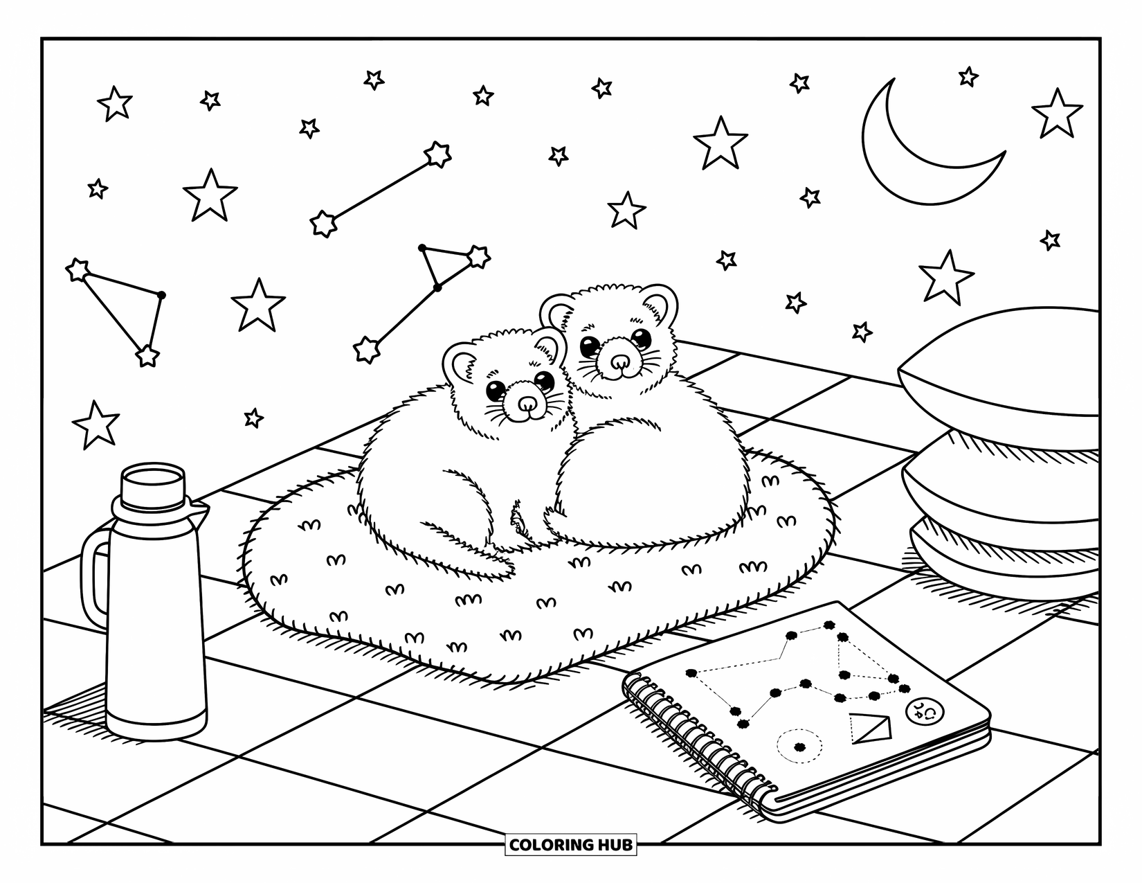 Ferret Coloring Page for Adults: Two cuddly ferrets stargaze on a rooftop nest with stars, moon, and tiny sketches