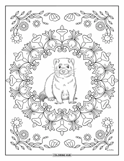 Desenho de furão para colorir para adultos: Furão ereto no centro de uma mandala floral repleta de flores e vinhas