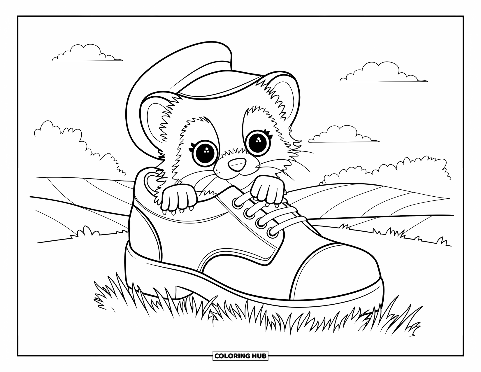 Ferret Coloring Page for Kids: A baby ferret peeks from a shoe in a grassy field under fluffy clouds