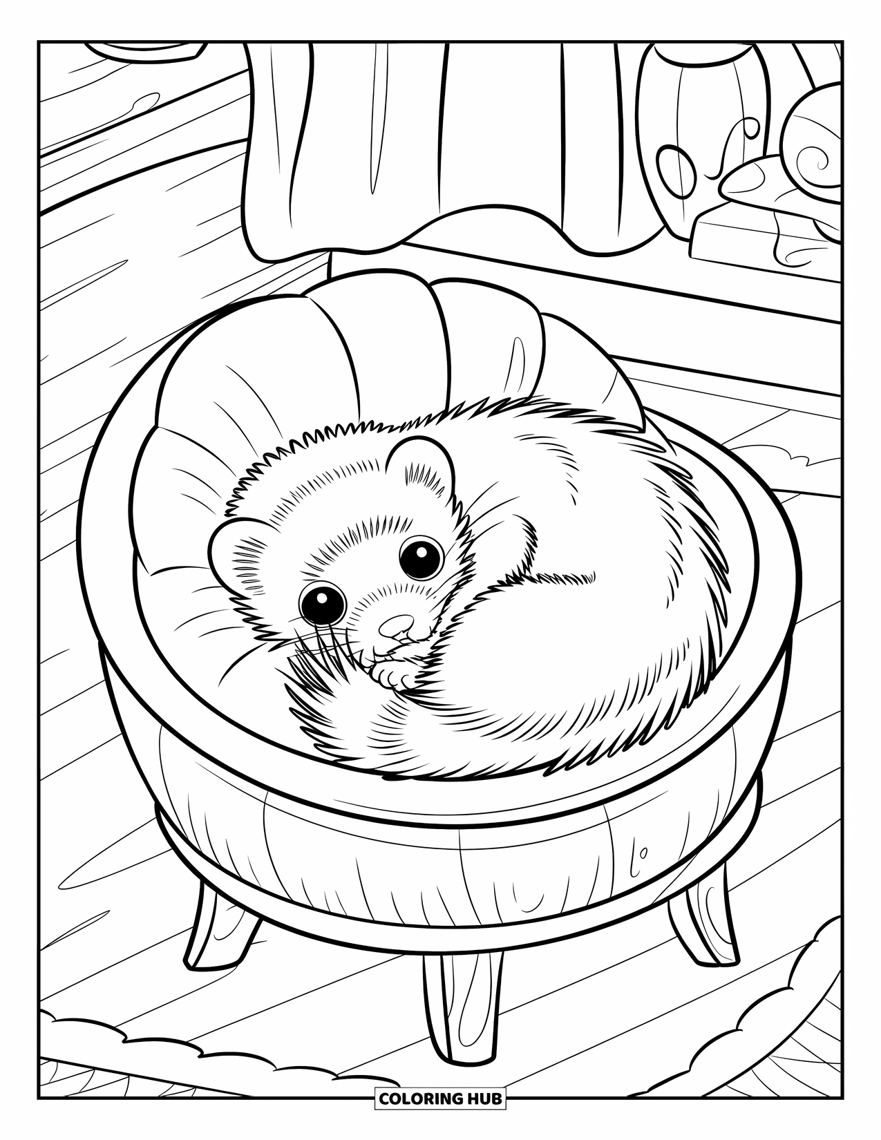 Ferret Coloring Page for Kids: A big-eyed ferret naps in a round bed on a wooden stand in a cozy room