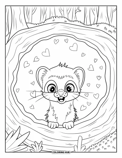 Desenho de furão para colorir para crianças: Um furão animado espiando de um túnel de casca de árvore numa floresta com corações flutuantes