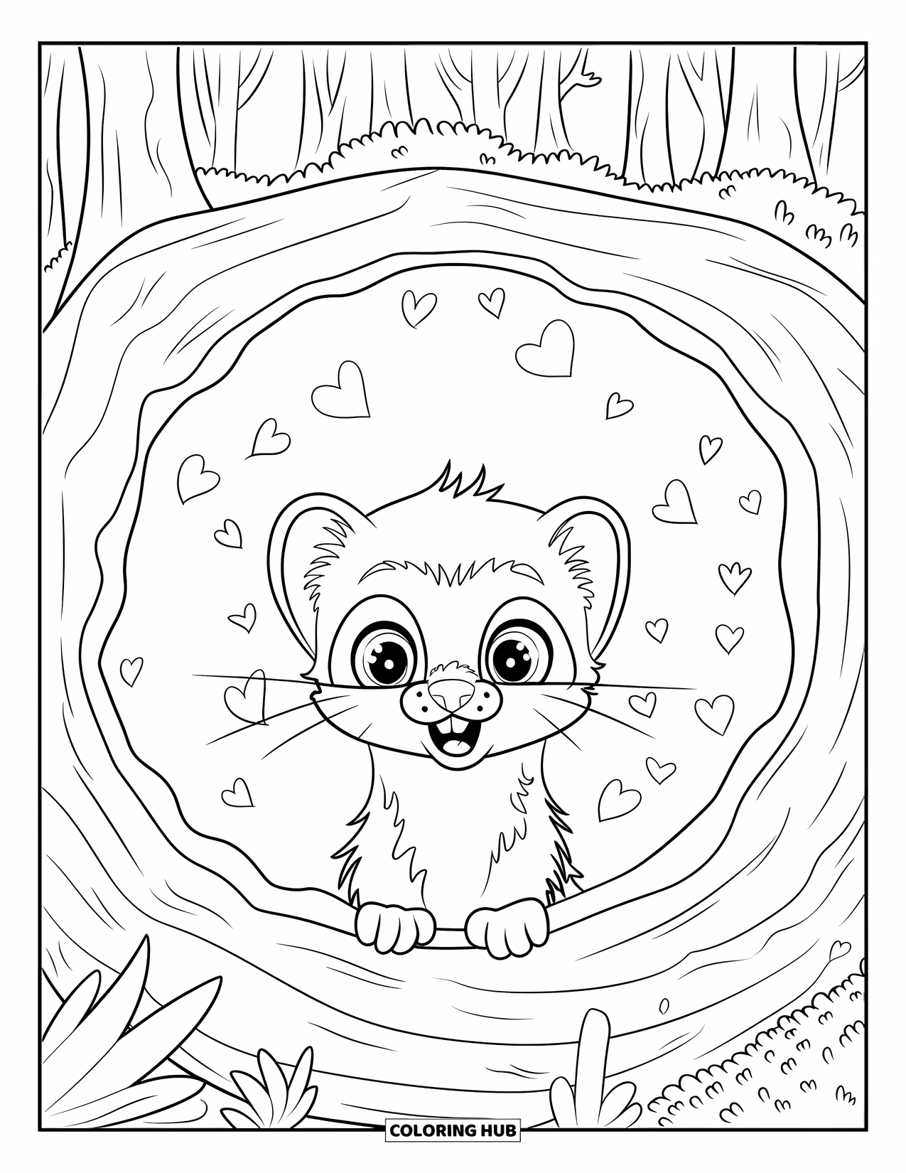 Ferret Coloring Page for Kids: A cheerful ferret peeks from a bark tunnel in a forest with floating hearts