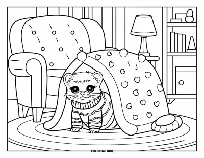 Desenho de furão para colorir para crianças: Um furão com suéter confortável espiando de uma cabaninha de cobertores numa sala quentinha
