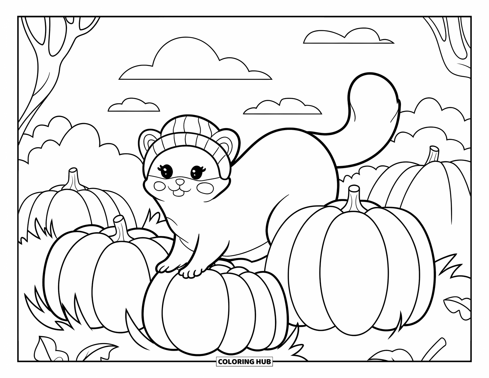 Ferret Coloring Page for Kids: A cute ferret stands among pumpkins in a calm autumn scene