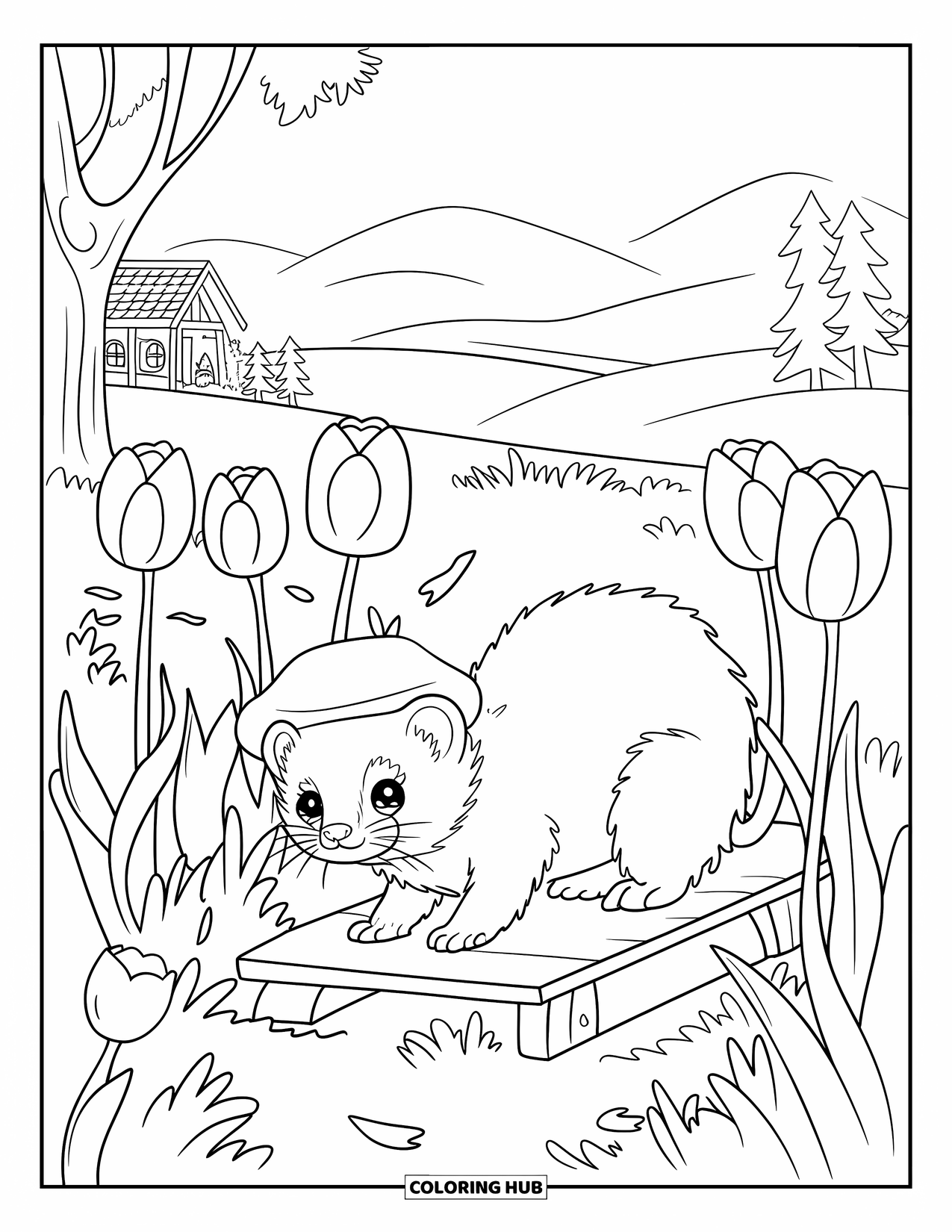 Ferret Coloring Page for Kids: A cute-hat ferret explores blooming tulips with mountains and a cottage behind