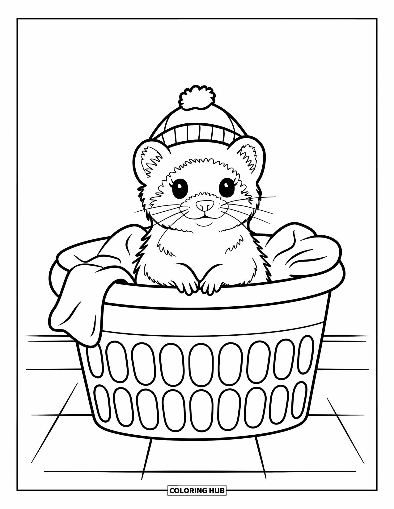 Ferret Coloring Page for Kids: A ferret in a hat sits in a towel basket on tiles with a simple background
