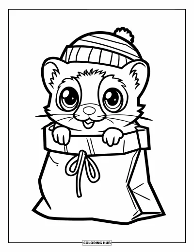 Desenho de furão para colorir para crianças: Um furão com chapéu listrado saindo de uma sacola de papel amarrada