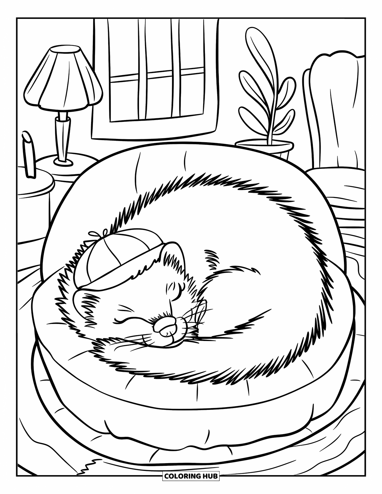 Ferret Coloring Page for Kids: A ferret naps in a cozy bed near a chair, a lamp, and a happy plant