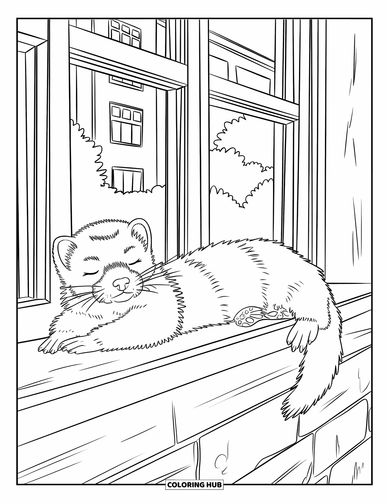 Ferret Coloring Page for Kids: A ferret naps on a wooden windowsill near trees and a building in the distance