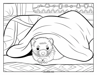 Desenho de furão para colorir para crianças: Um furão espiando de uma cabana de cobertores num quarto aconchegante com decoração