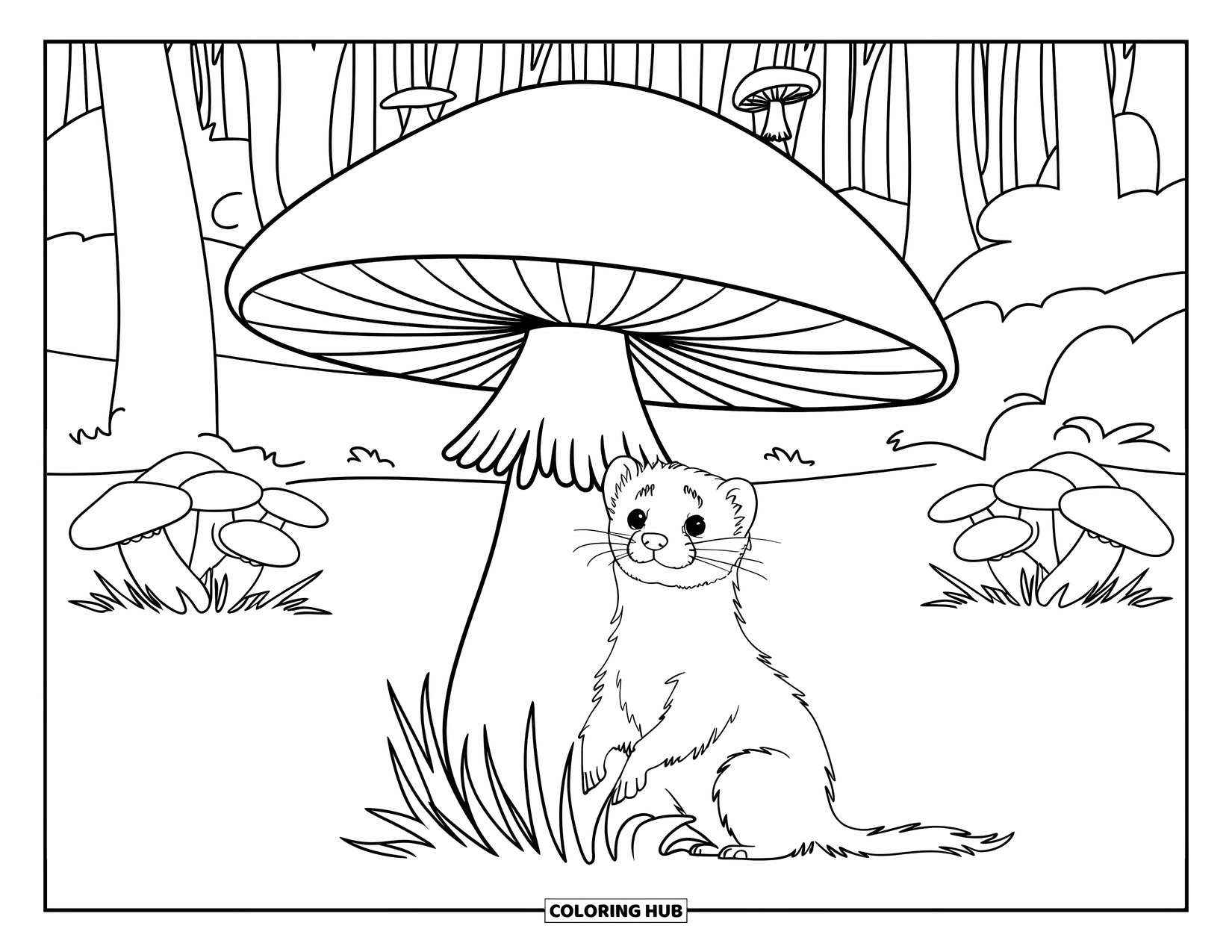 Ferret Coloring Page for Kids: A ferret relaxes under a fluffy mushroom in a forest full of trees and fungi