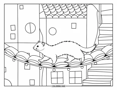 Desenho de furão para colorir para crianças: Um furão caminhando sobre uma ponte de almofadas com escada em espiral e prédios encantados
