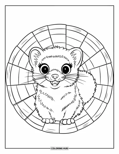 Desenho de furão para colorir para crianças: Um furão de cauda fofa espiando de um túnel de tijolos sobre fundo branco