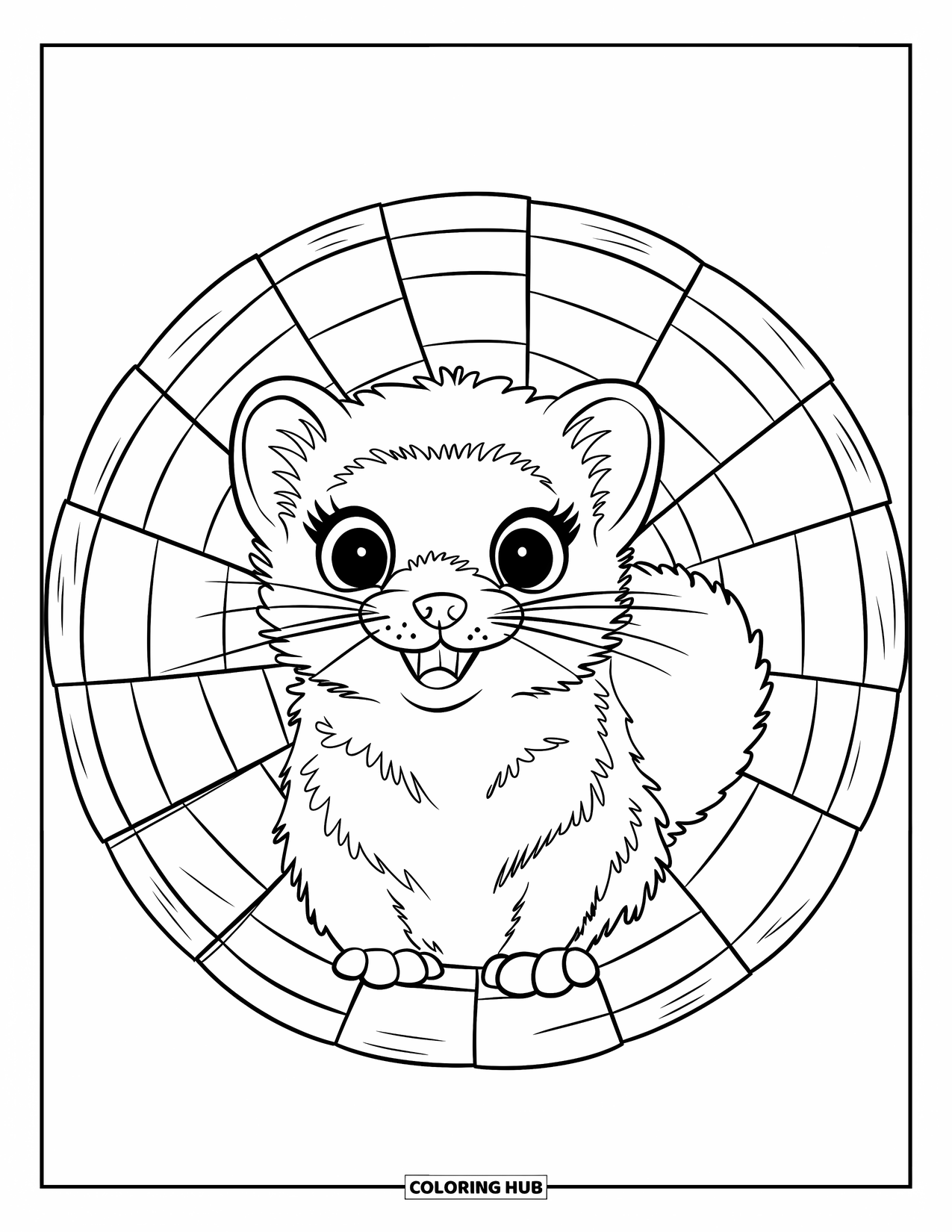 Ferret Coloring Page for Kids: A fluffy-tailed ferret peeks out of a brick tunnel on a white background