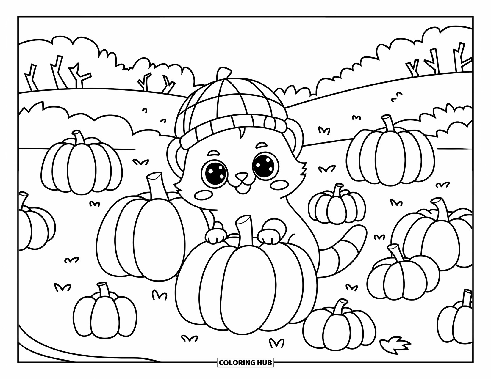 Ferret Coloring Page for Kids: A happy ferret with a hat sits on a pumpkin in a peaceful field