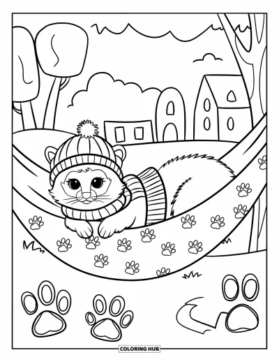 Desenho de furão para colorir para crianças: Um furão com chapéu e cachecol dormindo numa rede perto de árvores e construções