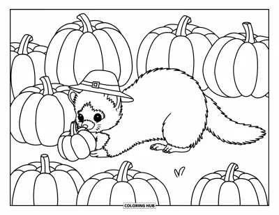 Desenho de furão para colorir para crianças: Um furão com chapéu segurando uma abóbora num canteiro cheio de abóboras