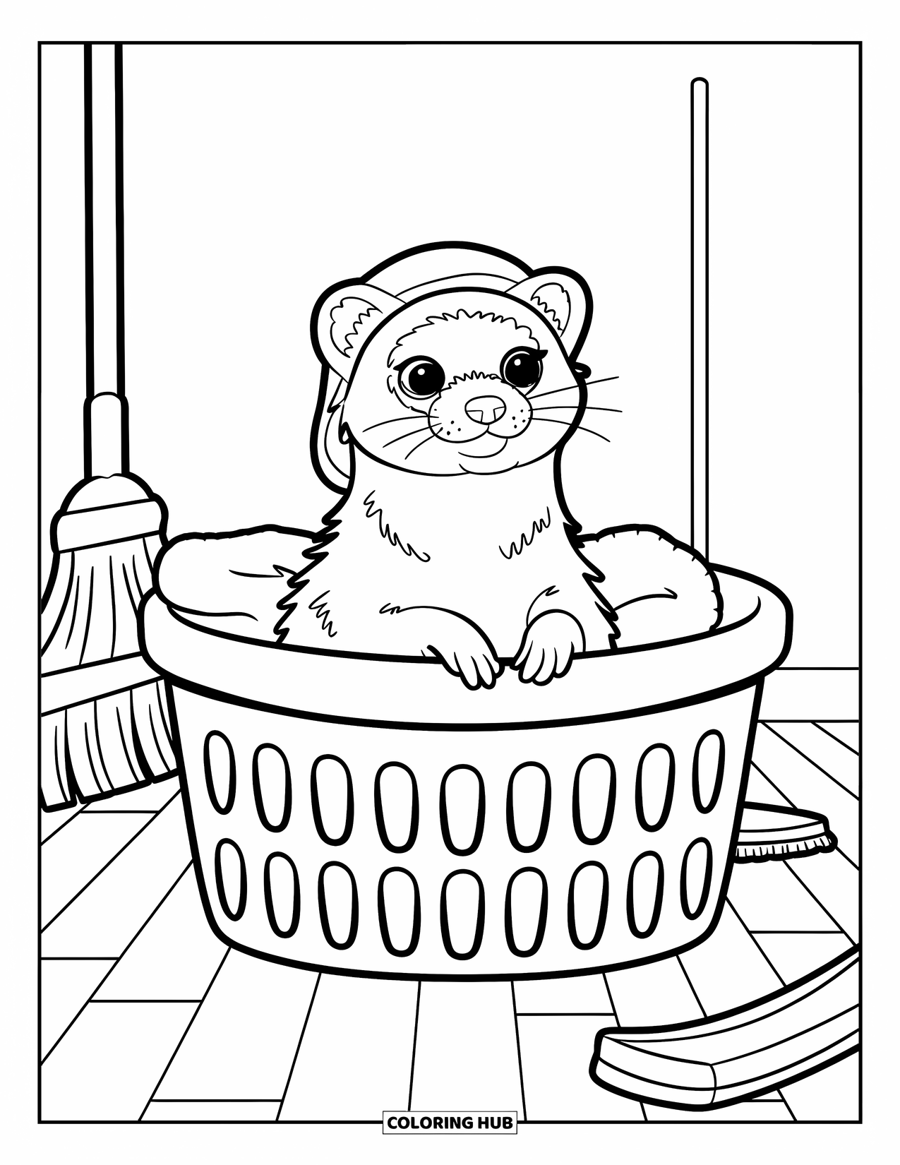Ferret Coloring Page for Kids: A hat-wearing ferret sits in a laundry basket full of soft towels