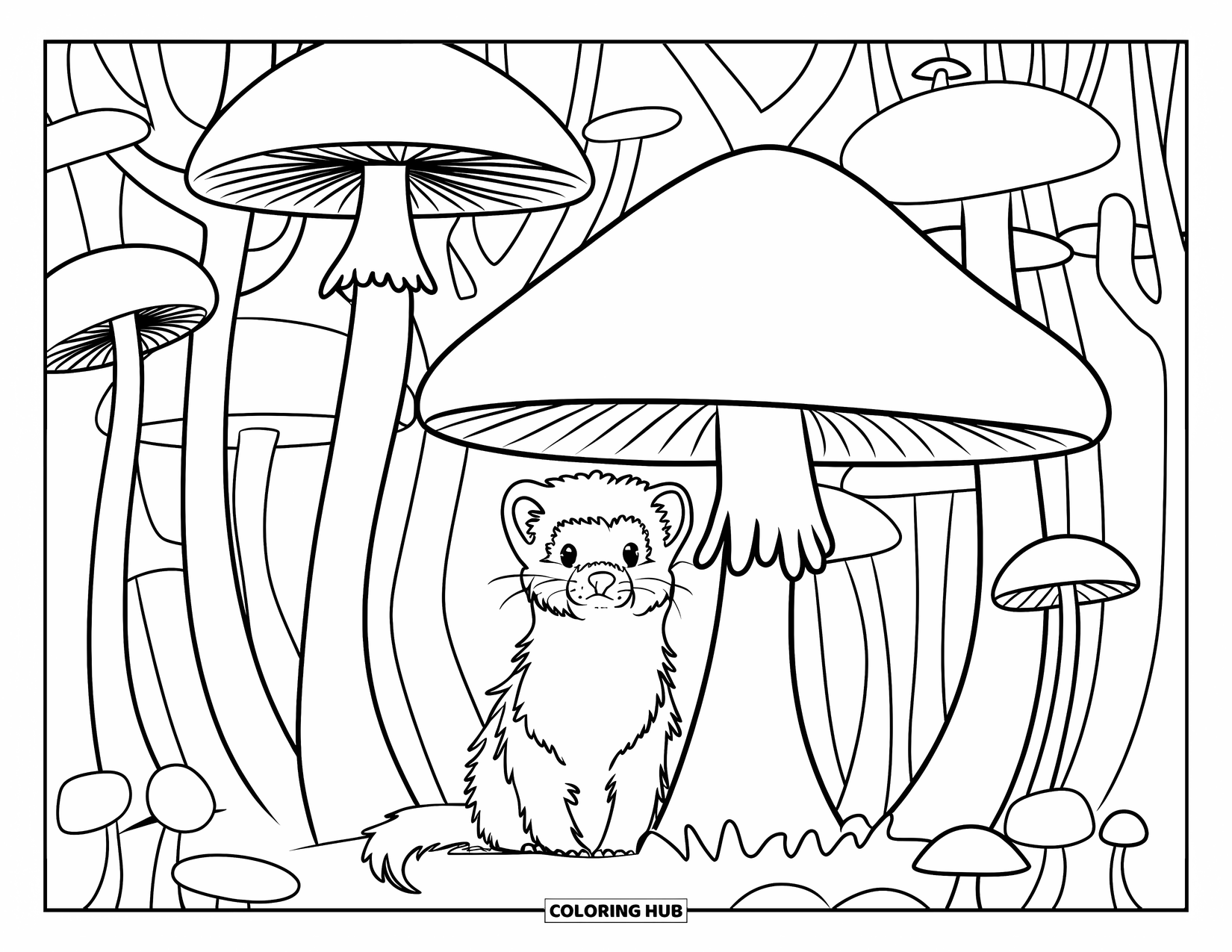Ferret Coloring Page for Kids: A quiet ferret rests under a tall mushroom in a forest of toadstools