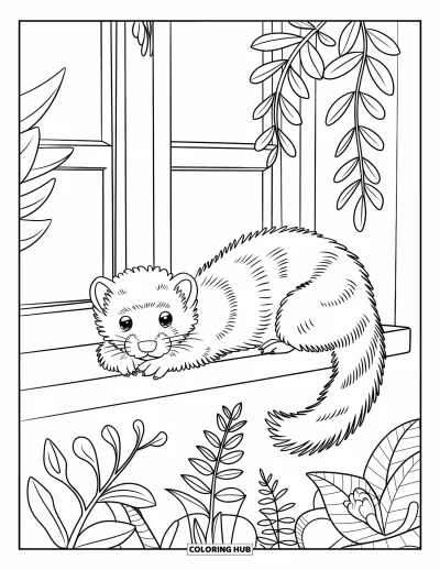 Desenho de furão para colorir para crianças: Um furão relaxado esticado no parapeito de uma janela ao lado de plantas com folhas