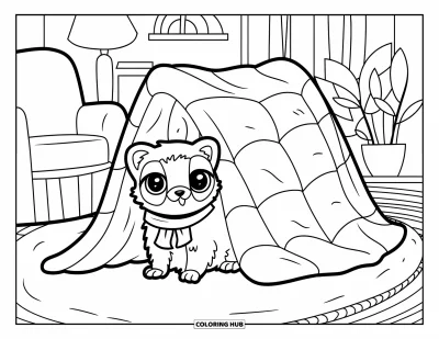 Desenho de furão para colorir para crianças: Um furão com cachecol escondido numa cabaninha de cobertores trançados perto de uma cadeira e abajur