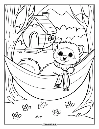 Desenho de furão para colorir para crianças: Um furão com cachecol relaxando numa rede com patinhas impressas e uma cabana ao fundo