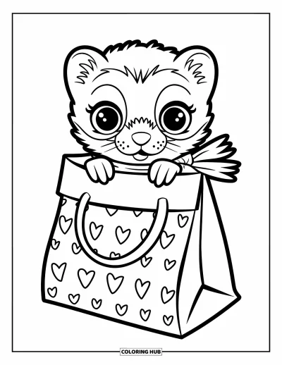 Desenho de furão para colorir para crianças: Um furão com cachecol espiando de dentro de uma sacola de papel com estampa de corações