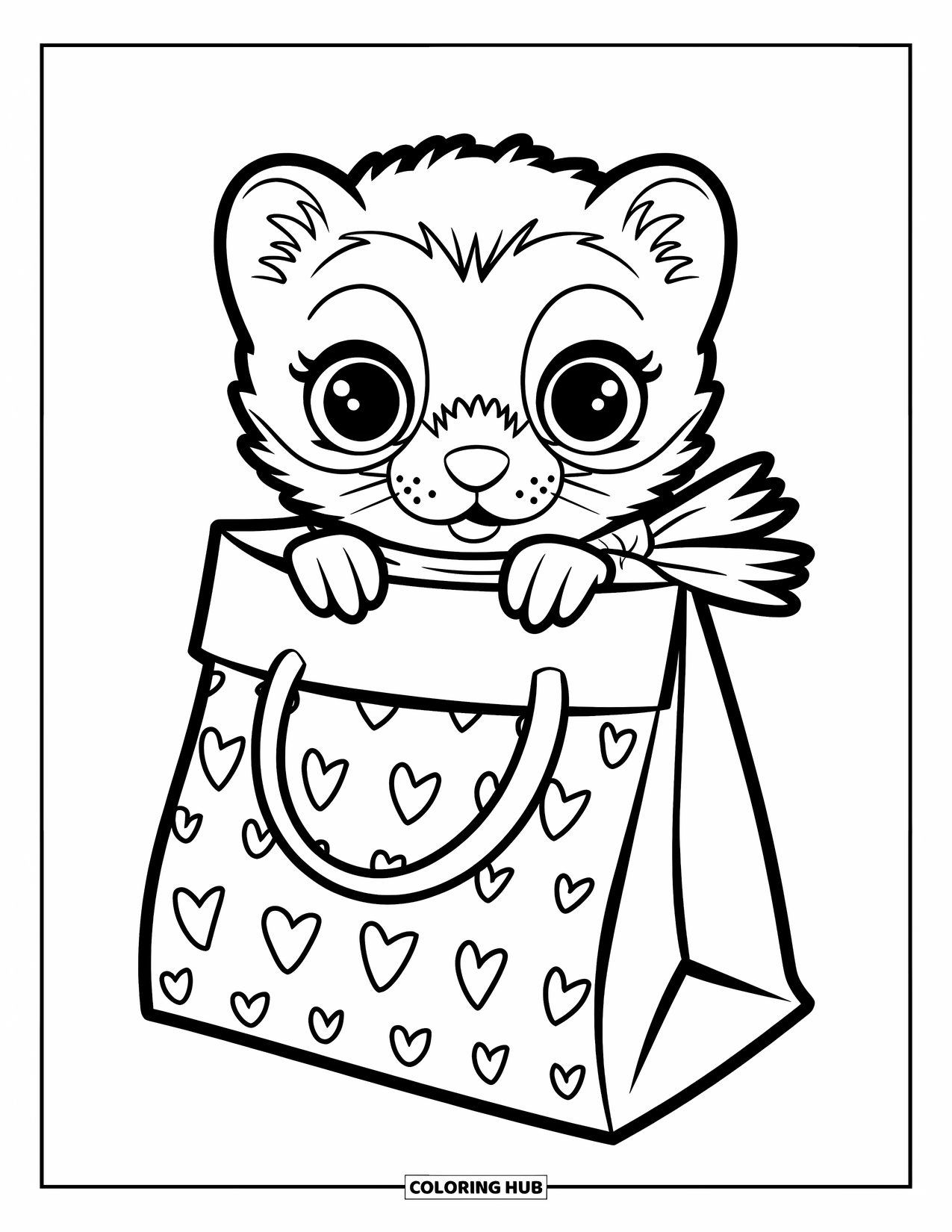 Ferret Coloring Page for Kids: A scarfed ferret peeks out of a heart-patterned paper bag