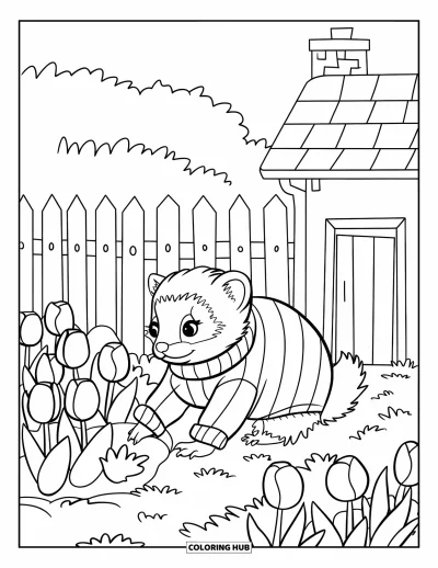 Desenho de furão para colorir para crianças: Um furão de suéter listrado caminhando entre tulipas perto de um chalé e uma cerca