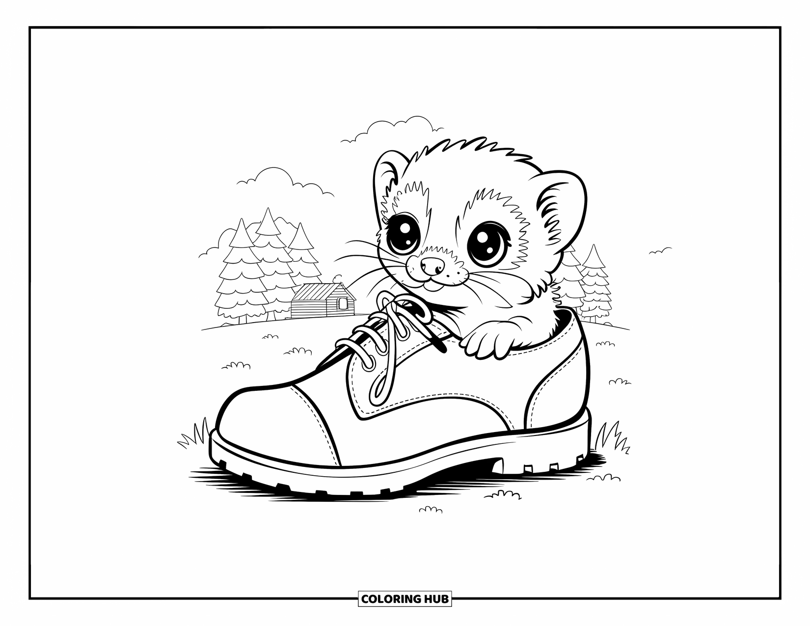 Ferret Coloring Page for Kids: A sweet baby ferret peeks from a shoe in a grassy yard near a cottage