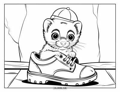 Desenho de furão para colorir para crianças: Um furão com chapeuzinho espiando de um sapato junto a uma parede branca com rachaduras