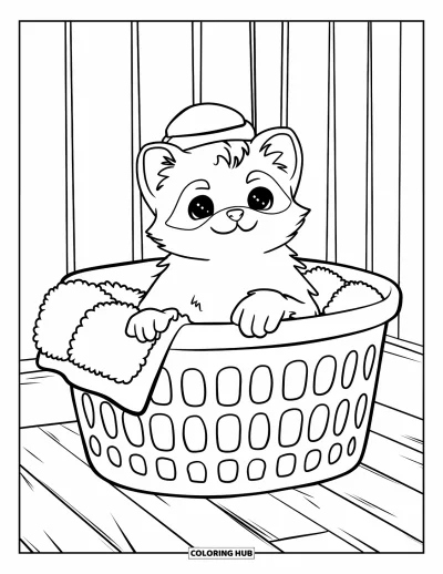 Desenho de furão para colorir para crianças: Um furão com chapeuzinho sentado numa cesta de roupa cheia de toalhas sobre piso de madeira