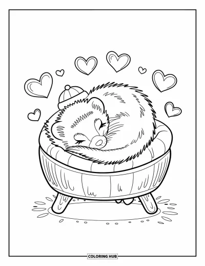 Desenho de furão para colorir para crianças: Um furão com chapeuzinho dormindo numa cama cercada de corações