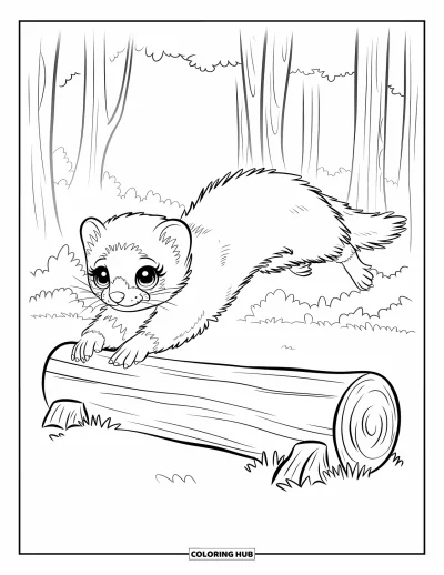 Desenho de furão para colorir para crianças: Um furão de olhos grandes pulando sobre um tronco numa floresta com árvores e céu suave