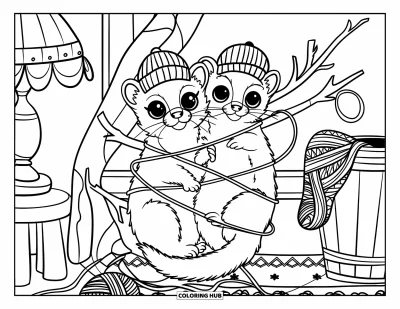 Desenho de furão para colorir para crianças: Furões com chapeuzinhos fofos brincando com novelos de lã perto de um abajur e um balde num quarto caloroso