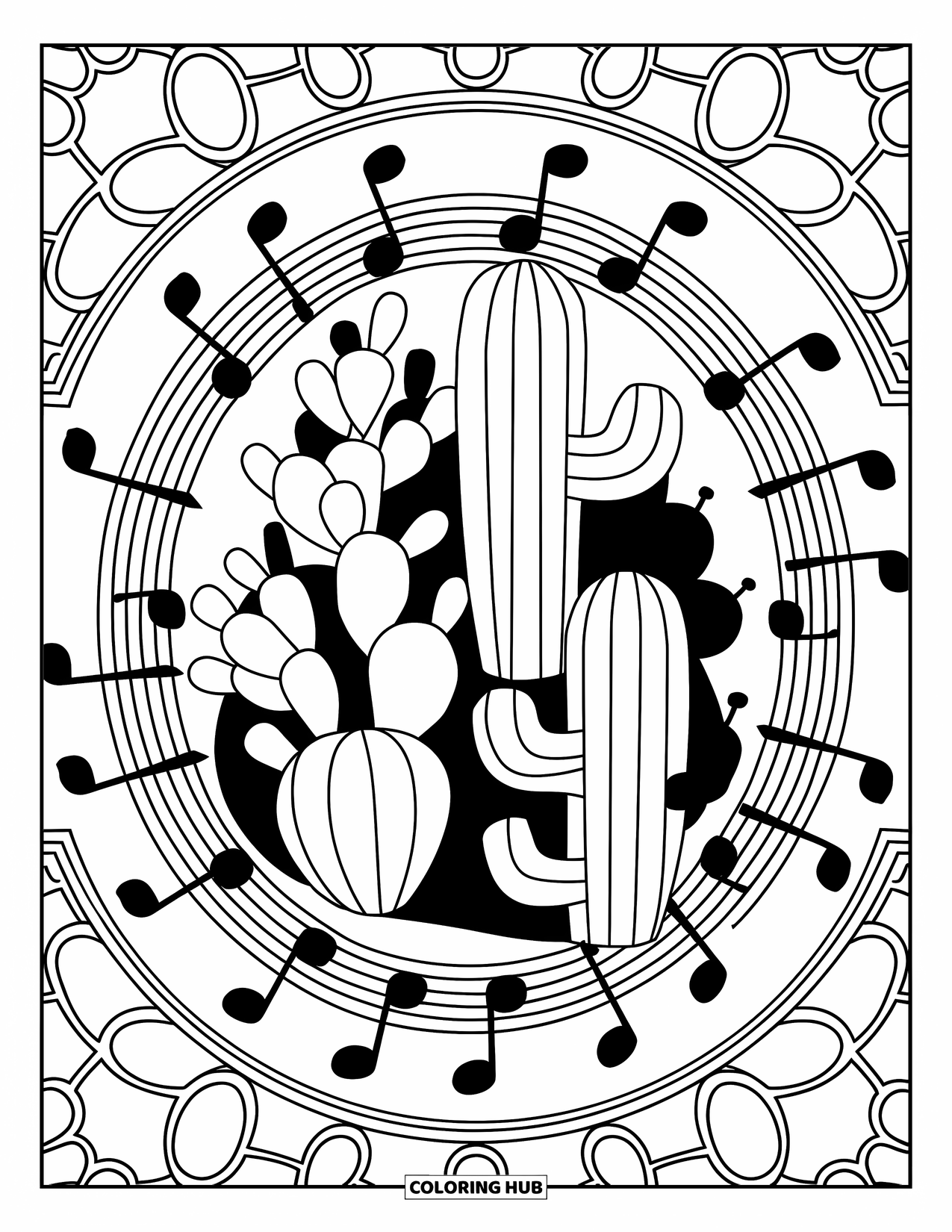 Fiesta Coloring Page for Adults: Abstract mix of cacti, chili peppers, and music notes with circular background patterns