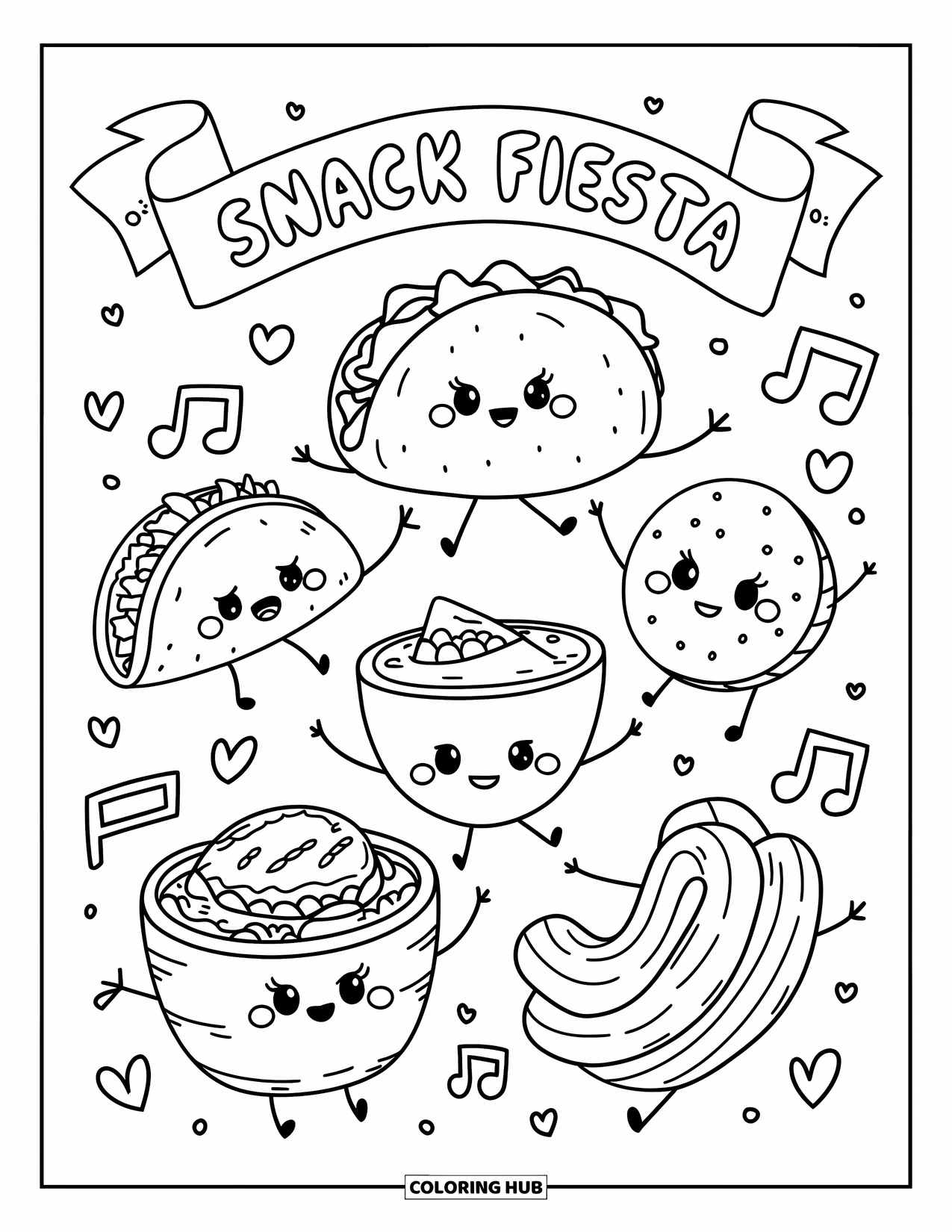 Fiesta Coloring Page for Adults: Adorable food characters dance together surrounded by floating hearts and music notes
