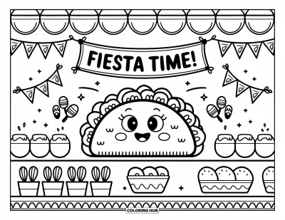 Desen de colorat cu fiesta pentru adulți: Personaj taco vesel stă la un stand cu churros, maracas și steaguri decorative
