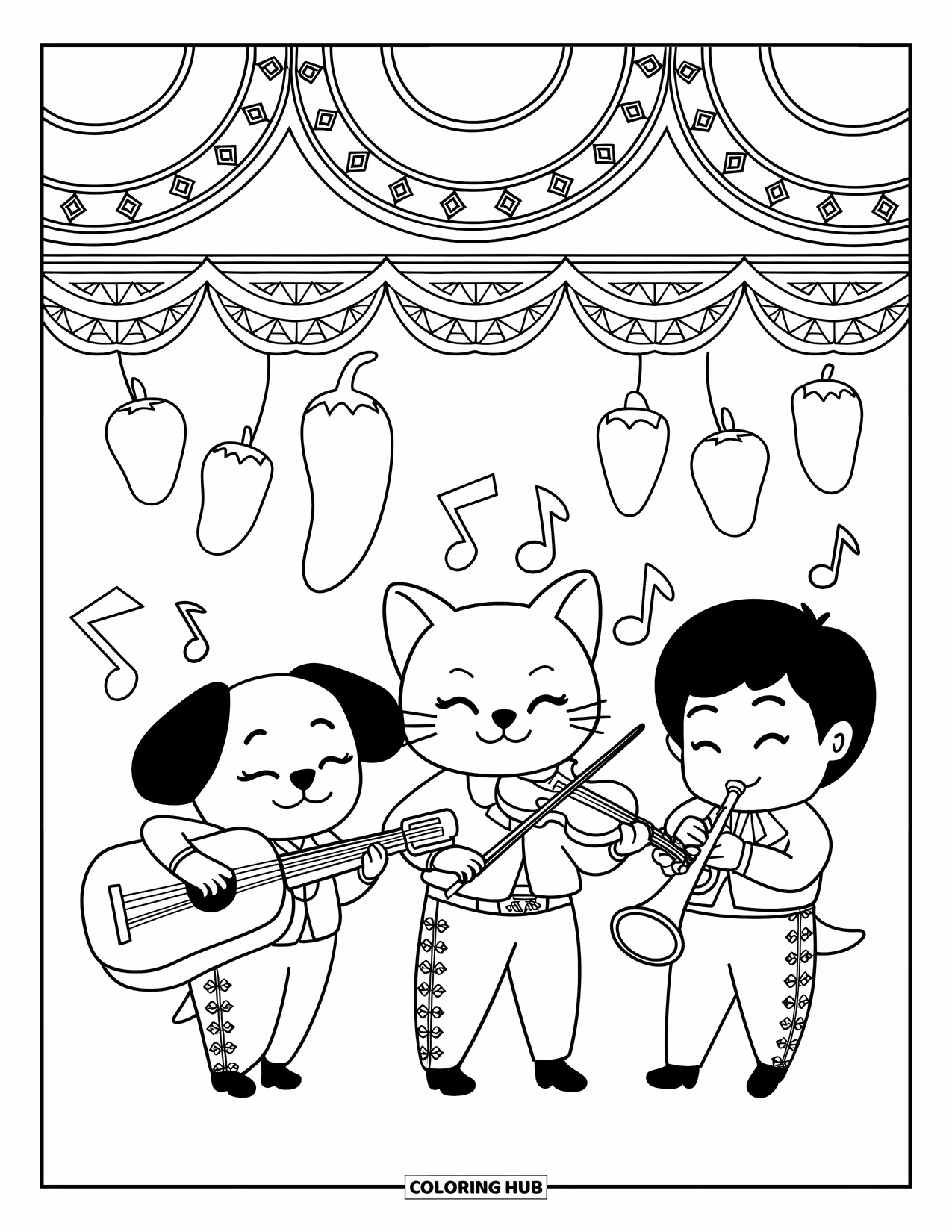 Fiesta Coloring Page for Adults: Chibi dog, cat, and child perform music with notes floating above a decorated wall