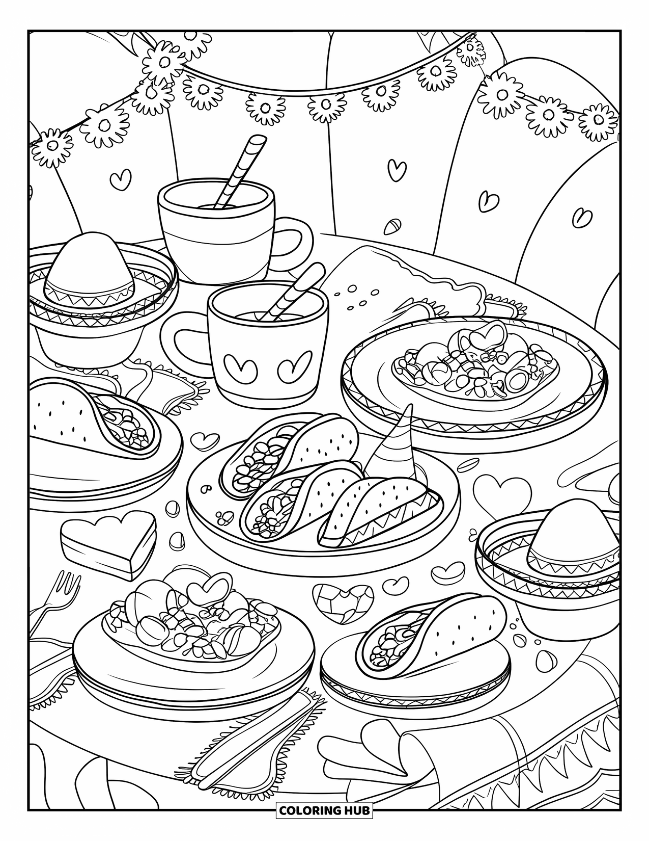 Fiesta Coloring Page for Adults: Circular fiesta table filled with tacos, burritos, cakes, and tiny sombrero-topped mugs