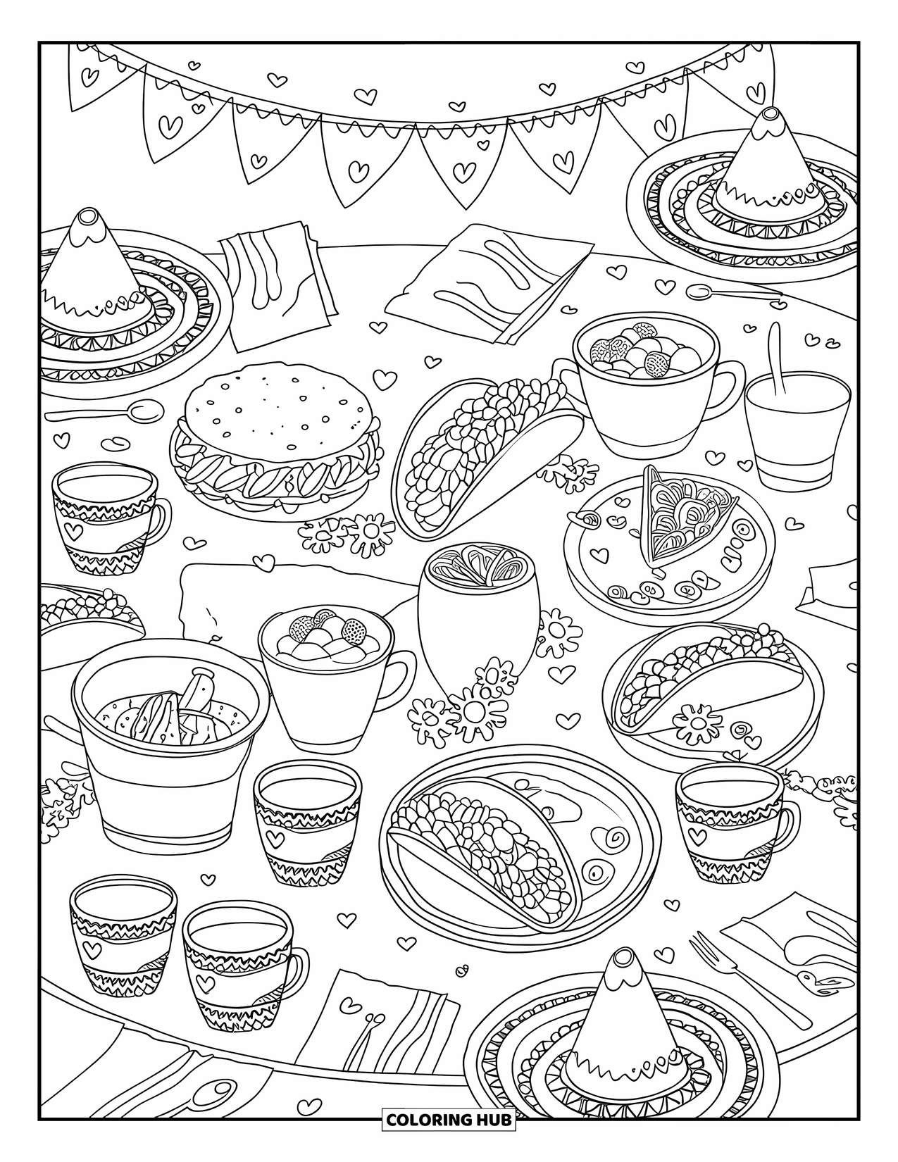 Fiesta Coloring Page for Adults: Cozy round table filled with burritos, cakes, heart napkins, and floral bunting