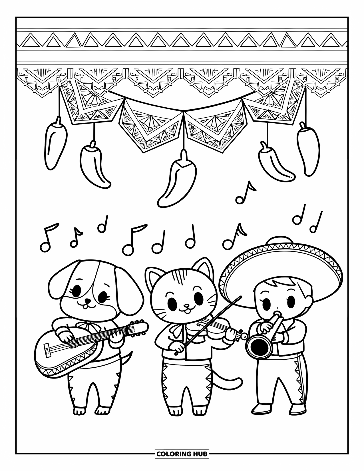 Fiesta Coloring Page for Adults: Dog, cat, and child play mariachi instruments beneath chili garlands and papel picado