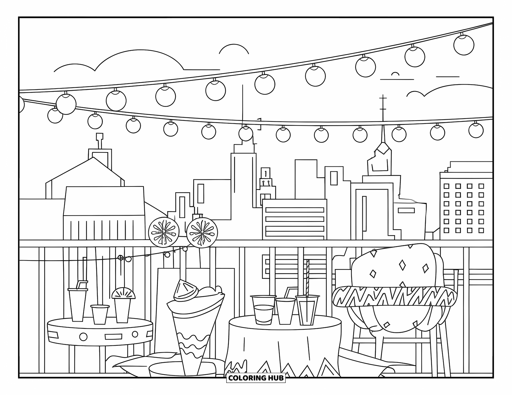Fiesta Coloring Page for Adults: Festive rooftop scene with string lights, drinks, and tall city buildings in the distance