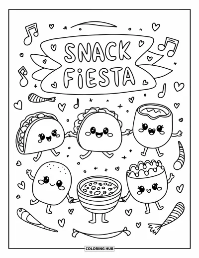 Desen de colorat cu fiesta pentru adulți: Cinci gustări drăgălașe se țin de mână și dansează în cerc sub un banner cu "Snack Fiesta"