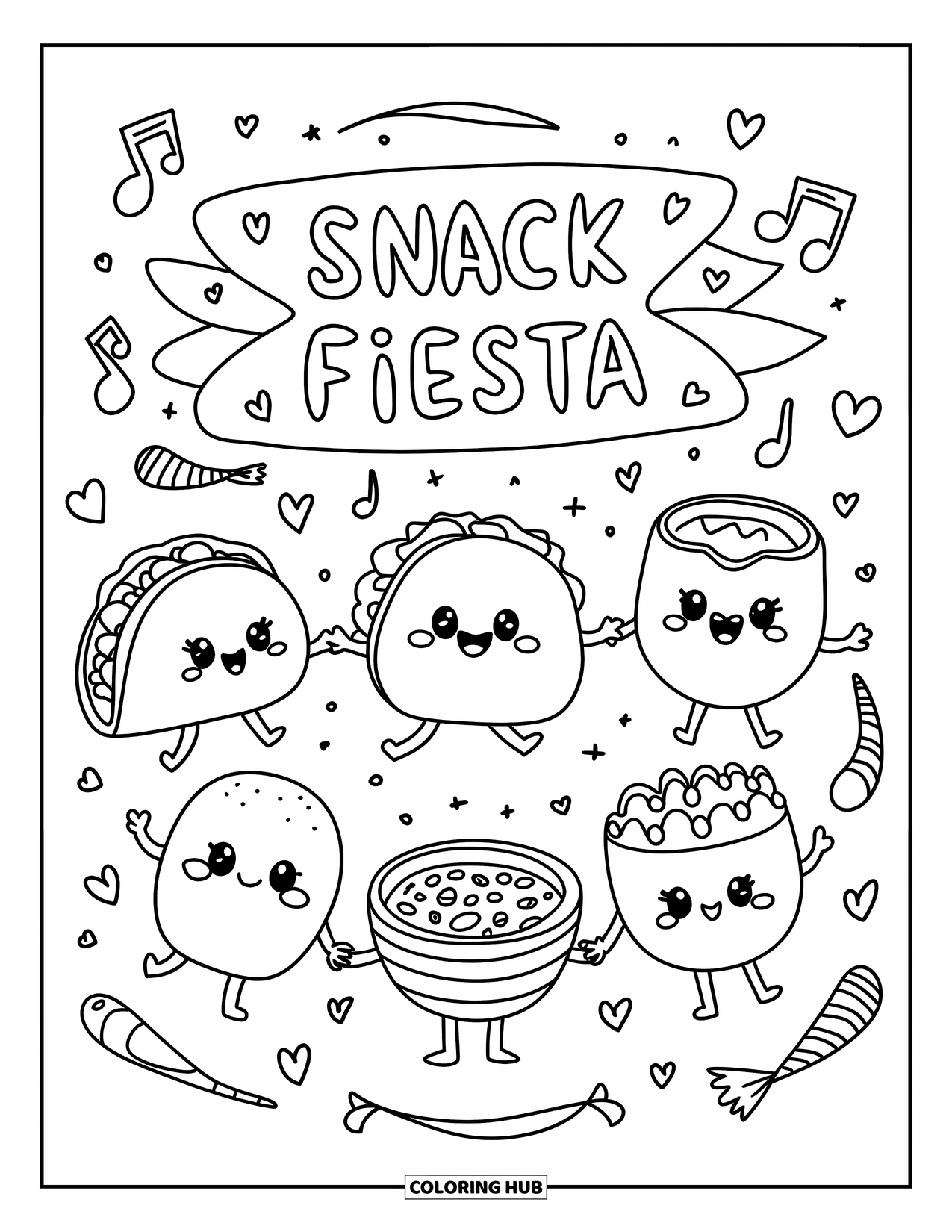Fiesta Coloring Page for Adults: Five cute snacks hold hands and dance in a circle under a "Snack Fiesta" banner